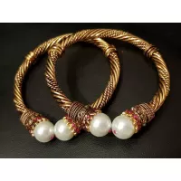 24k Gold Plated Handmade Bangles Studded Ruby Stones with White Pearls