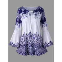 Plus Size Print Flare Sleeve T-shirt - Blue And White 